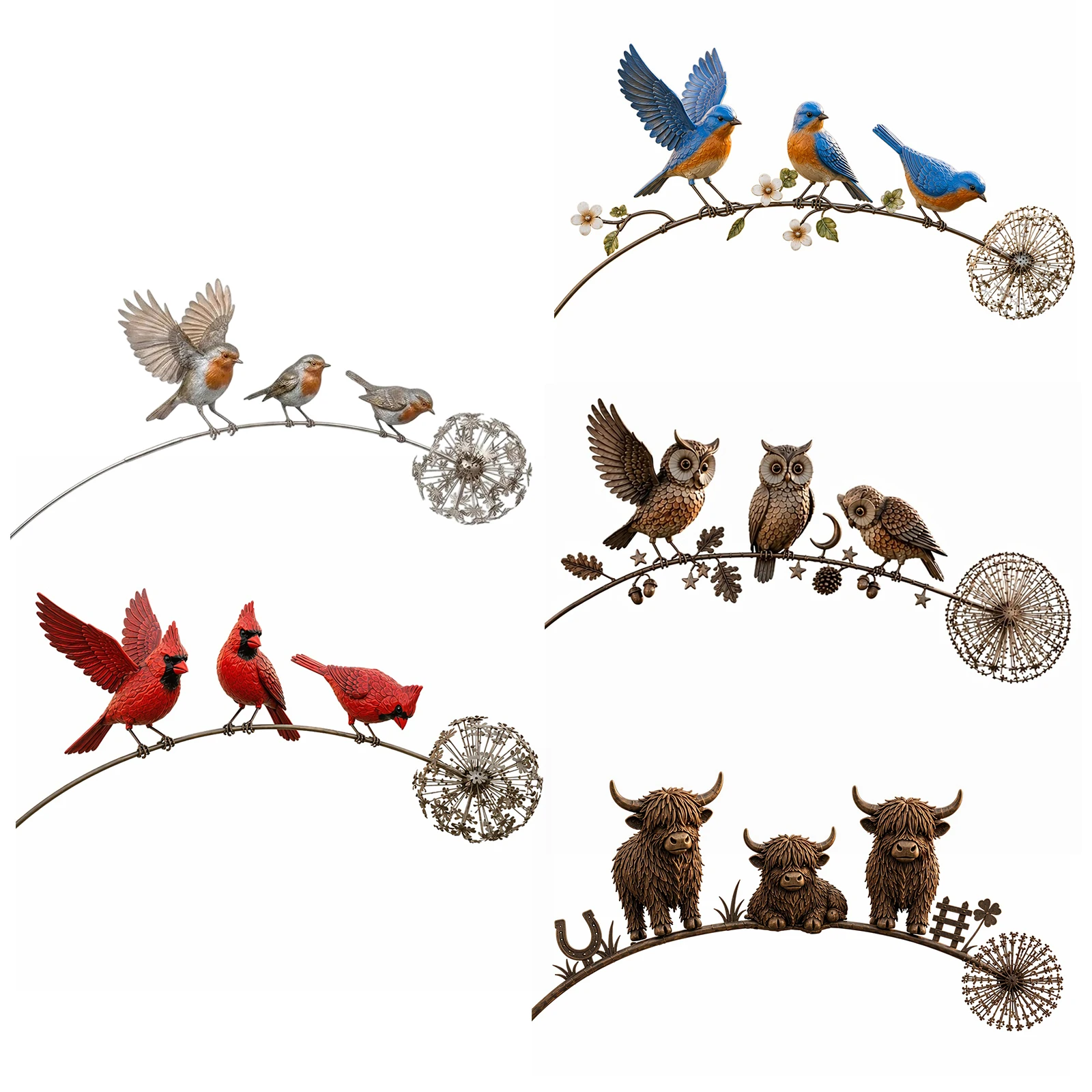 Metal Iron Bird Stakes Creative Dandelion Garden Sculptures Iron Bird Yard Ornaments for Outdoor Courtyard Flower Bed Decor