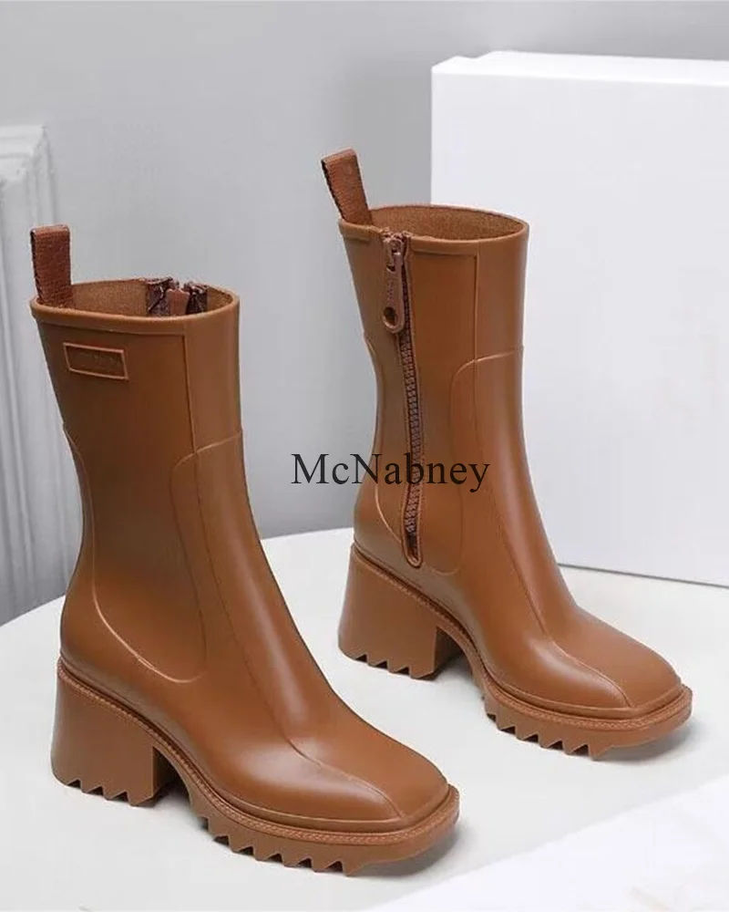 Trendy And Versatile Women Mid-Calf Rain Boots Square Toe Chunky Middle Heel Environmental Protection PVC Zipper Design