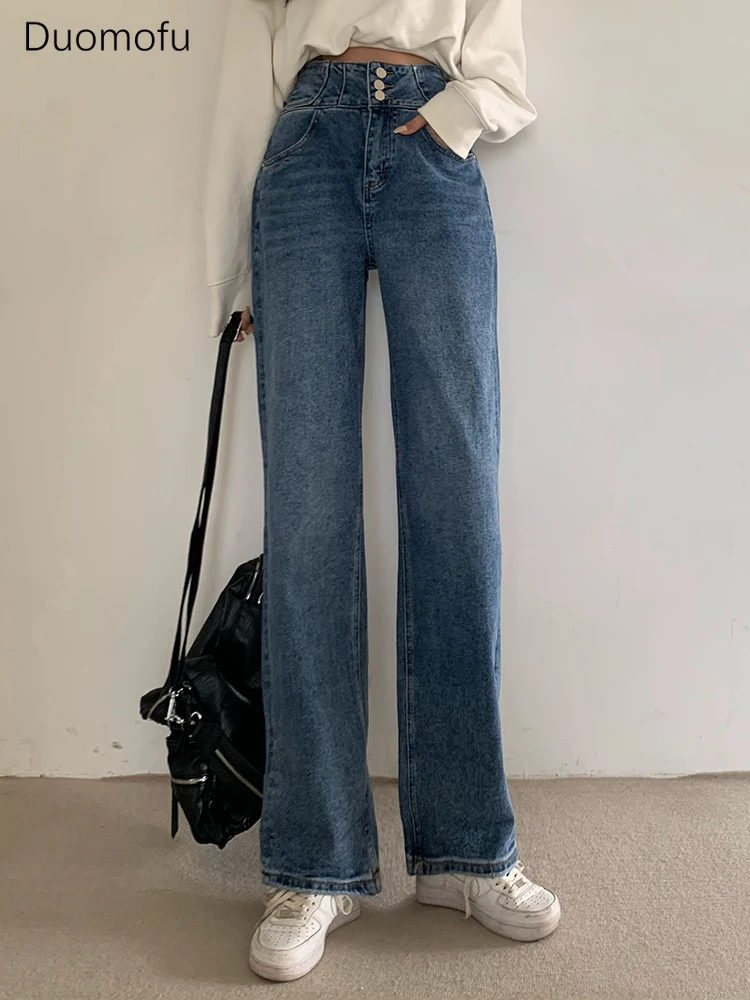 Duomofu neue schicke Reiß verschluss Knopf hohe Taille schlanke weibliche Jeans Mode Vintage Klassiker in voller Länge einfache lose lässige Frauen Jeans