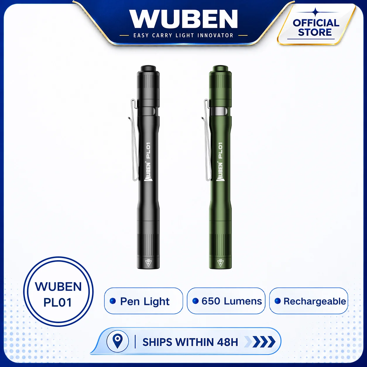 WUBEN PL01 Featherlight EDC Pen Flashlight 650 Lumens 5000K CRI90 4 Modes Rechargeable AAA IP68 Waterproof Dual Clip Tactical