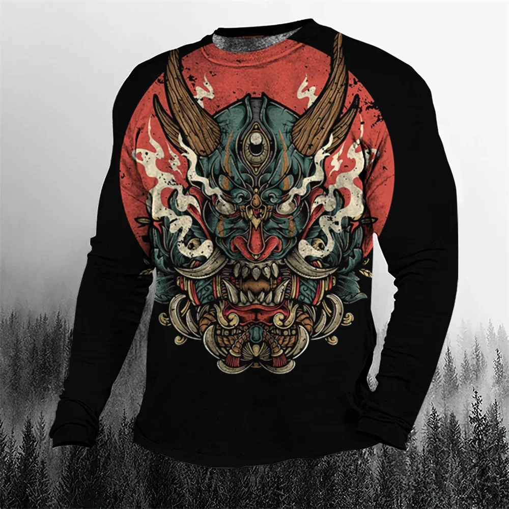 2024 Fall Cool Vintage Samurai 3D Printed Men\'s T-shirt O-Neck Casual Men\'s Clothing Oversized Cartoon Long Sleeve Tops