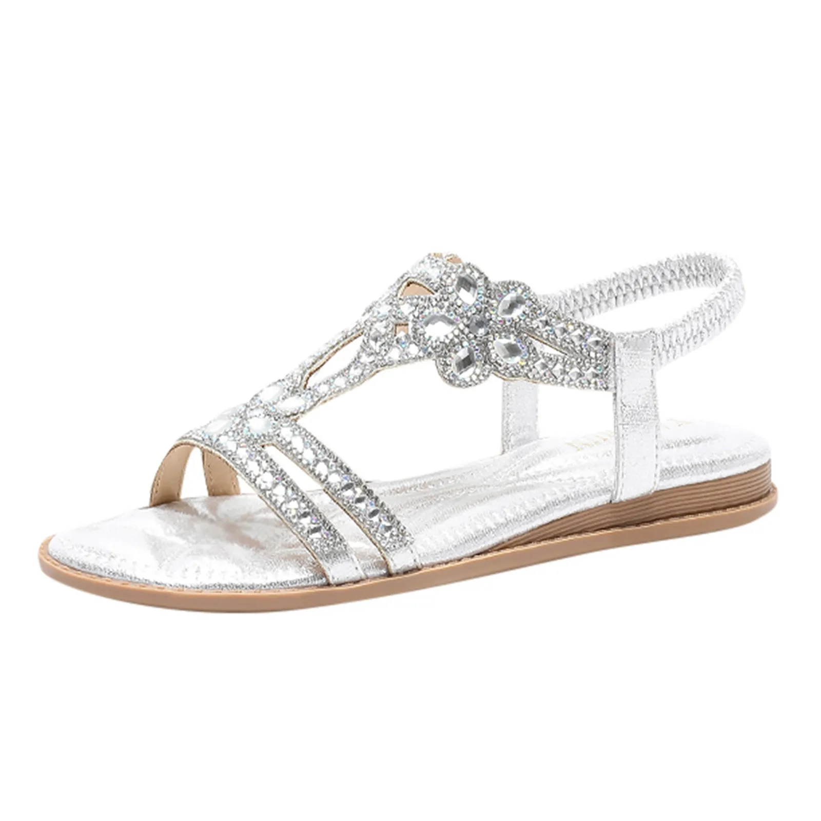 Rhinestones Sandals For Women With Elastic Ankle Strap Bohemian Beach Shoes Fashion Crystal Floral Casual Open Toe Shoes