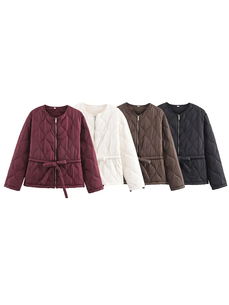 

HH Woman Winter Zipper Round Neck Wear A Belt Cotton Long Sleeves Short Jacket Female Leisure Keep Warm Loose Street Style Coat