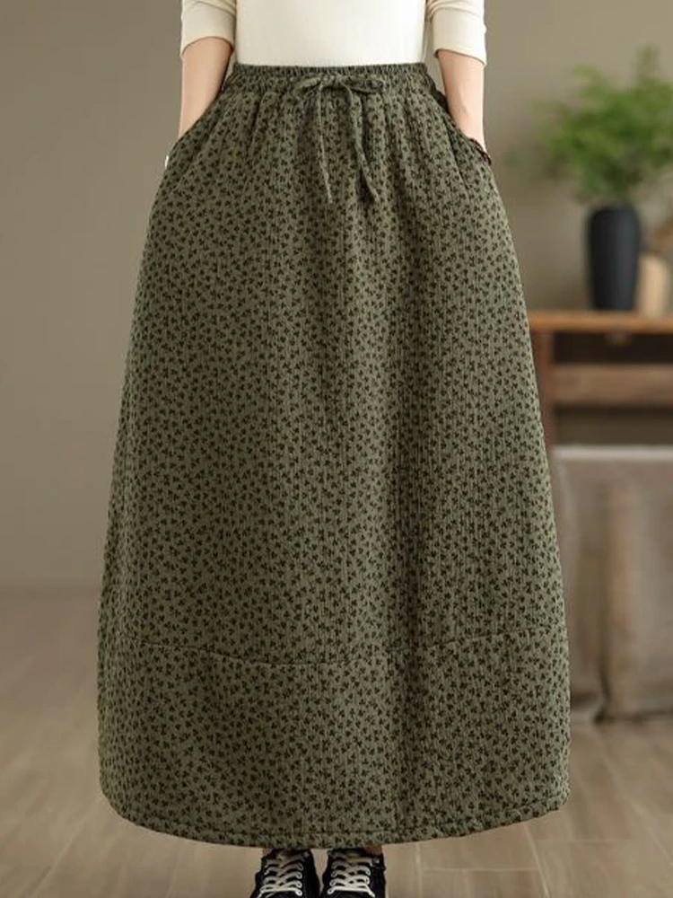 Masss Wasss 2026 Winter Women Fashion Floral Padded Skirts Ladies Classic Loose Casual Vintage Warm A-line Elastic Waist Clothes