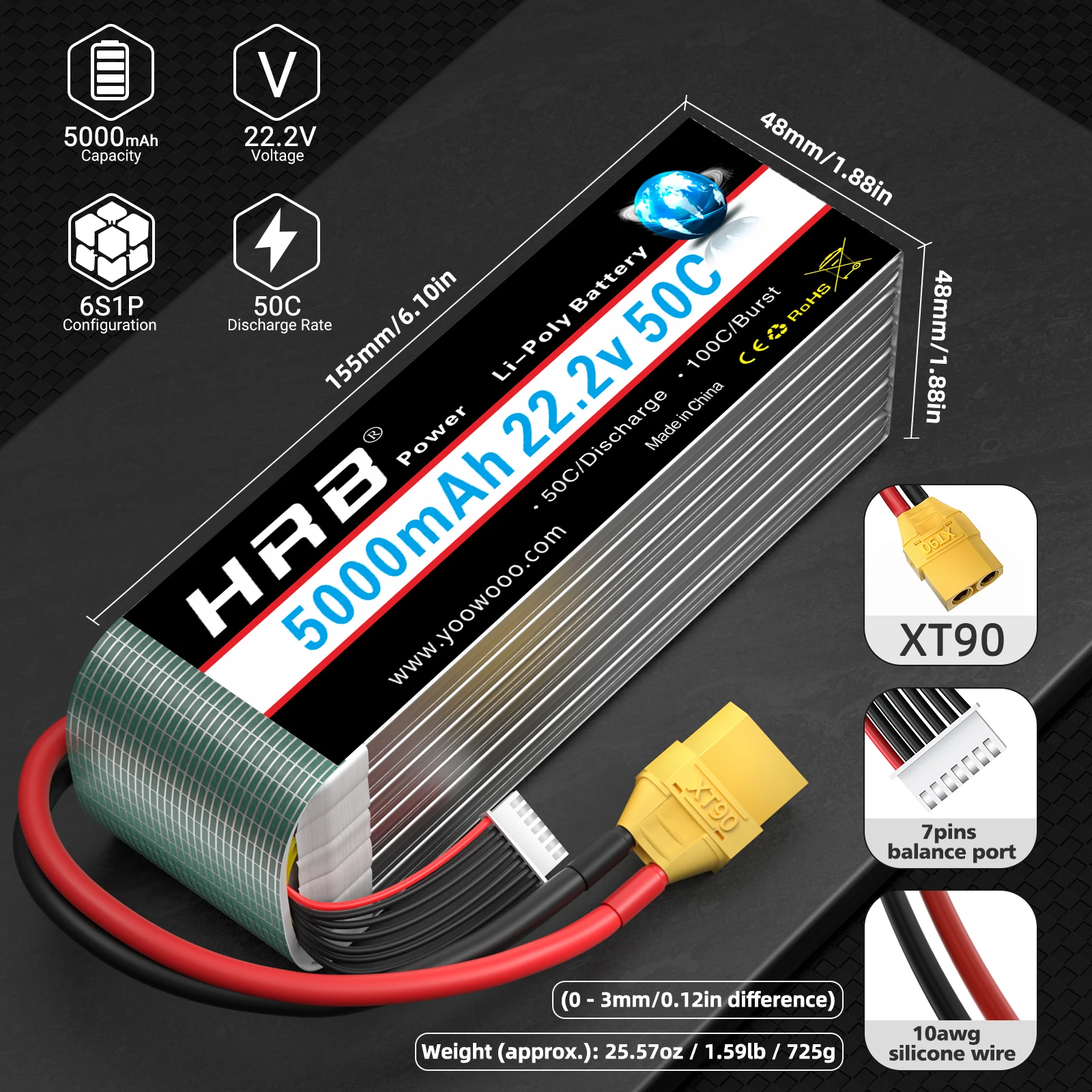 2PCS HRB 22.2v 5000mah 6000mah 4000mah 3300mah 6S Lipo Battery 50C 60C With XT60 XT90 EC5 Connector for RC airplane helicopter