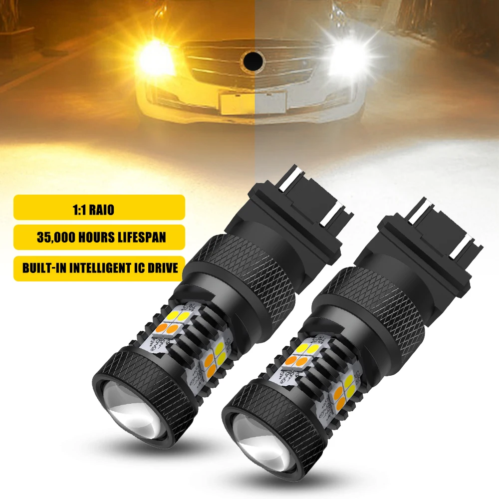

2x 3157 3457 4157 Switchback LED Bulbs T25 P27/7W LED White/Amber Dual Color for Car Parking DRL/Turn Signal Lights With HD Lens