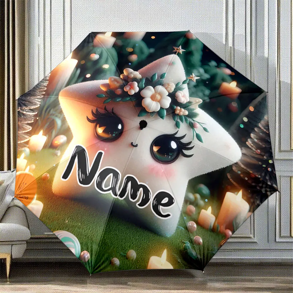 Custom Name Umbrella Cute Star Character with Floral Crown & Candles Scene Umbrella Portable Folding Umbrella,Christmas Gift