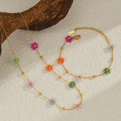Nextvance Fashion Trendy Stainless Steel Steel Colorful Floral Chain Bracelet Necklace Set Waterproof Charm Jewelry Set For Wome