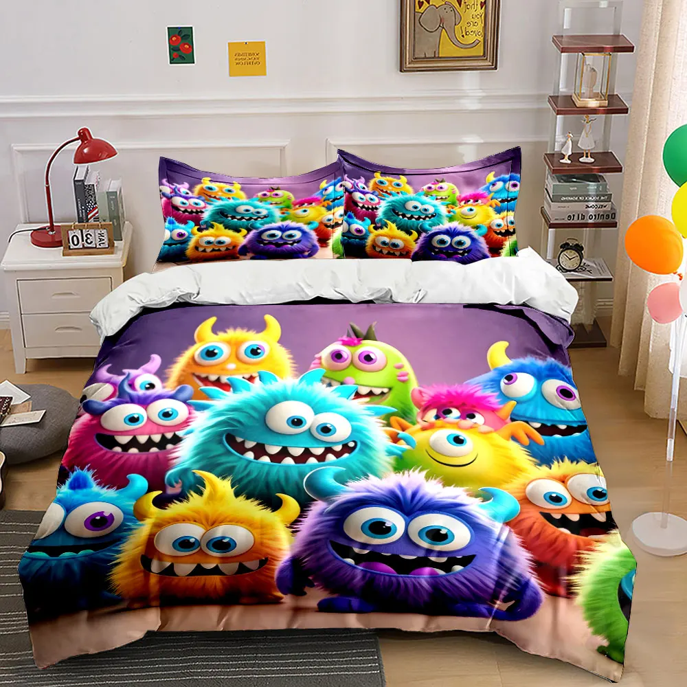 Colorful fluffy cartoon monsters smiling together Print Bedding Set 1Duvet Cover 2 Pillowcases for Adult Children Luxury Gift