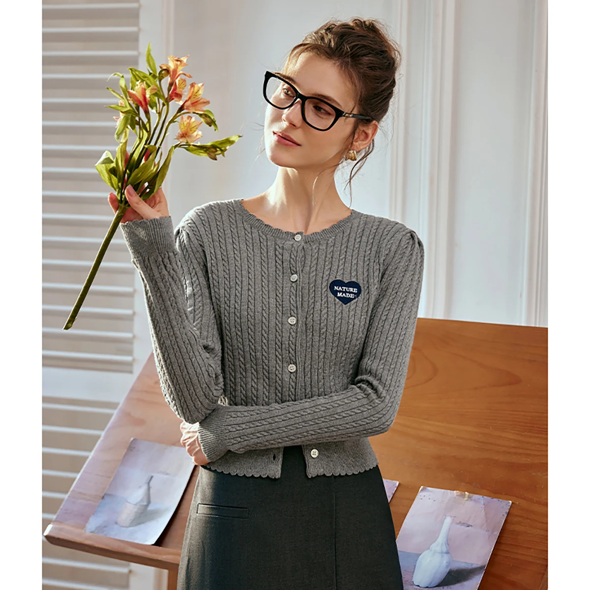 

OLrain, женский кардиган из 100% хлопка, осень 2023, винтажный академический трикотаж с круглым вырезом и вышивкой, женские топы с длинными рукавами O24CZ85662