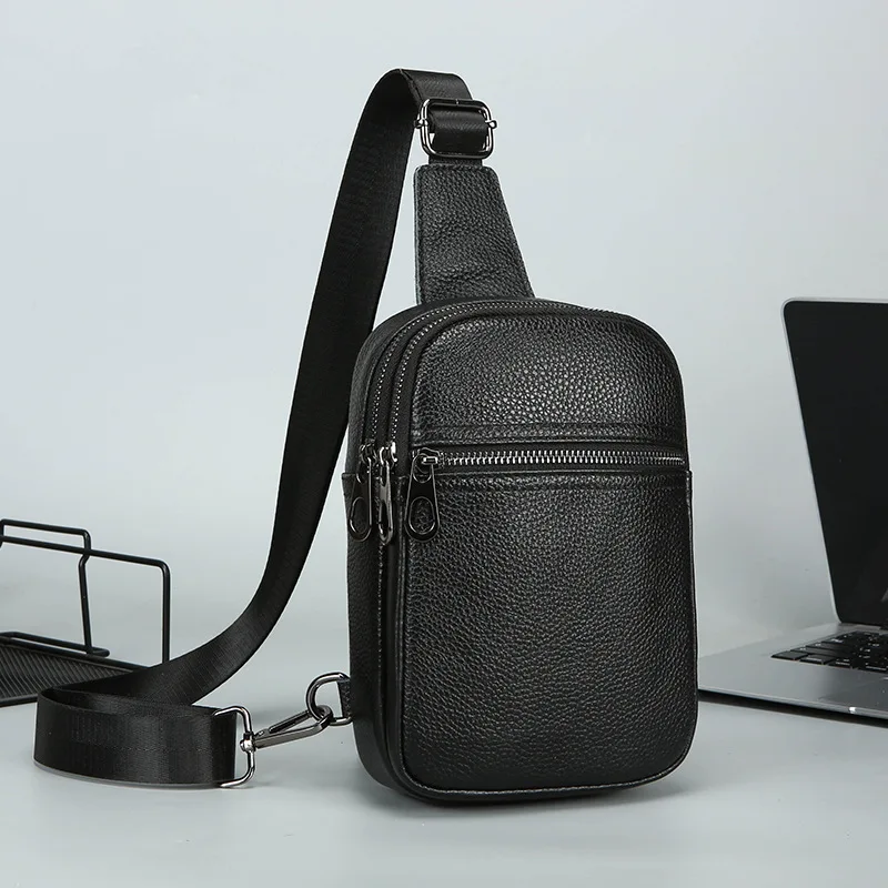 New Leather Chest Sling Bag Multi Compartment Zipper Design Detachable Strap Lightweight Crossbody Pack for Travel Daily Use