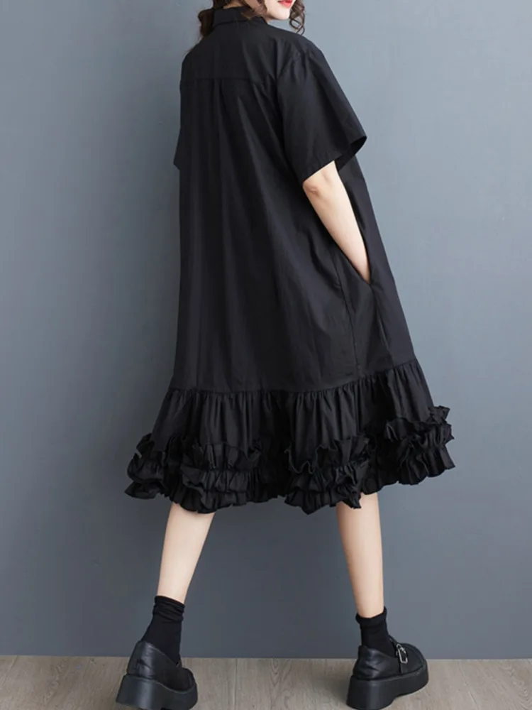 #3888 Summer Black Spliced Ruffles Shirt Dress Women Turn-down Collar A-line Vintage A-line Irregular Midi Dress Short Sleeve 