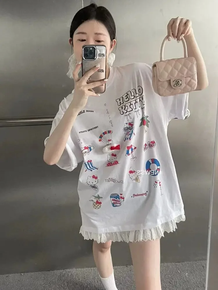

Sanrio Hello Kitty с буквенным принтом и короткими рукавами, милая милая футболка с круглым вырезом Kawaii, летняя свободная футболка больших размеров для полных девочек