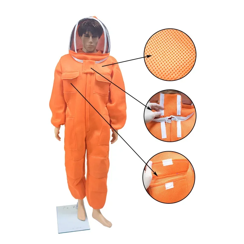 Orange 3D breathable mesh anti bee suit, complete set of one-piece bee suit, specialized anti bee suit protection