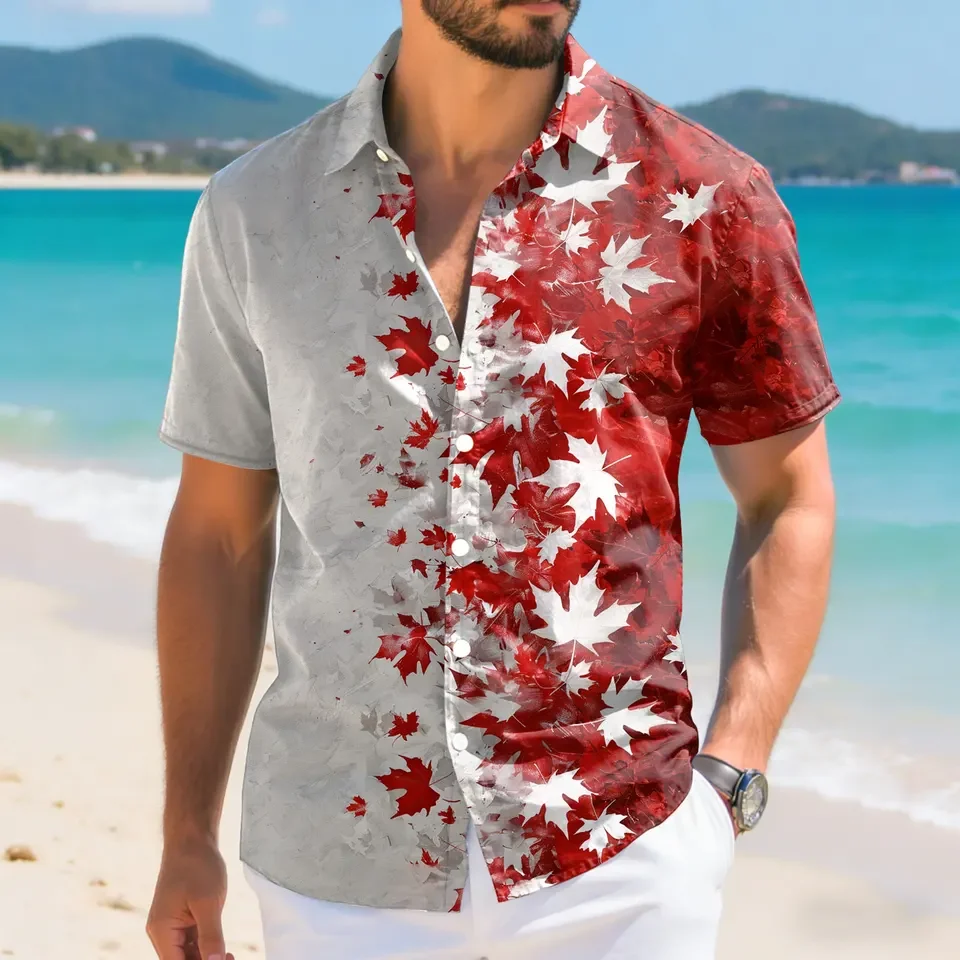 Canadian Flag Shirt Men's Summer Casual Blouses Fashion Maple Leaf 3D Printing Short Sleeve Patriotic Shirts Men Clothing Tops