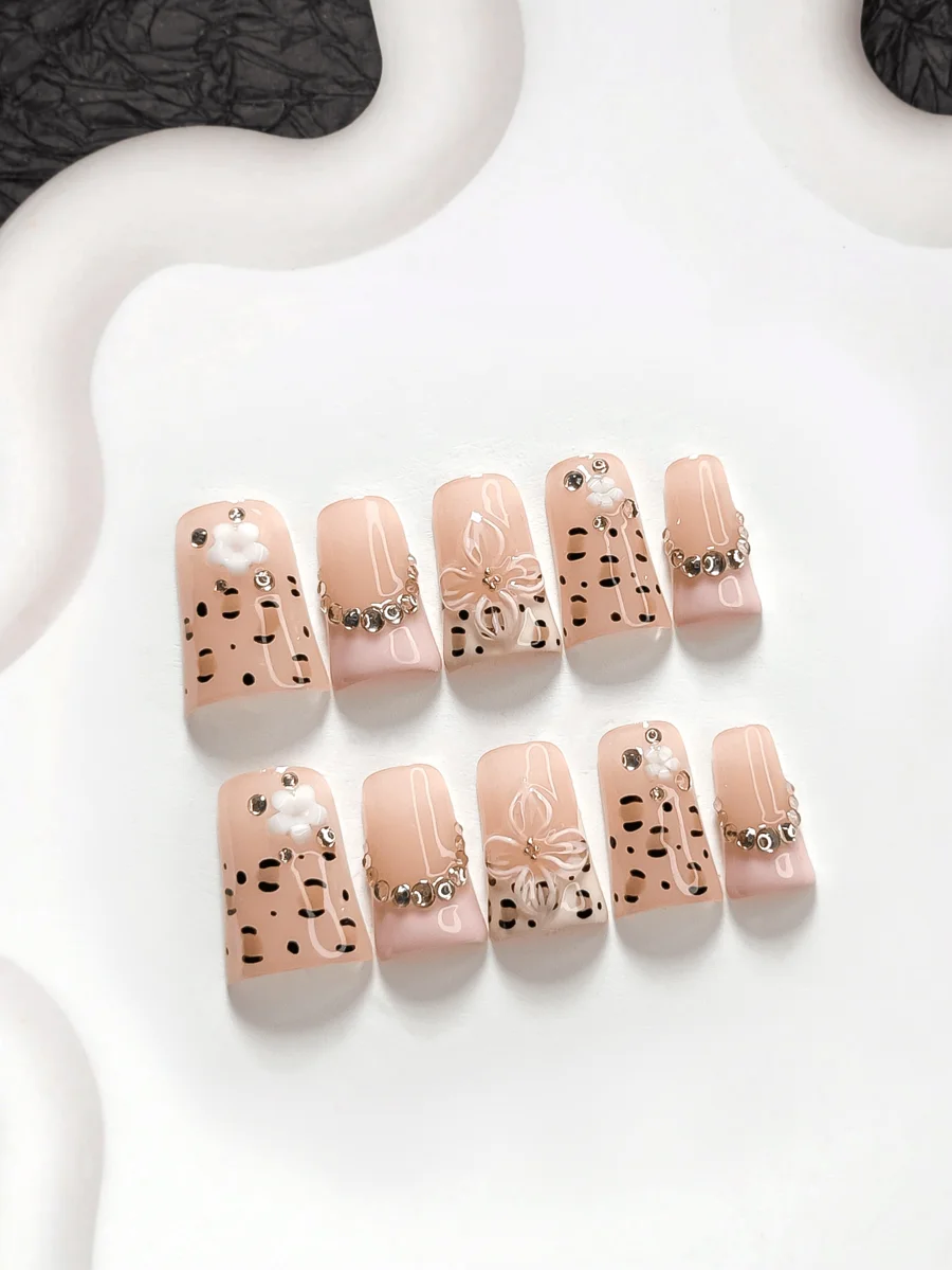 10Pcs Handmade Press On Nails With Floral Embellishments, Almond Coffin Duck Shape, Pink Beige Design For Party Daily Wear