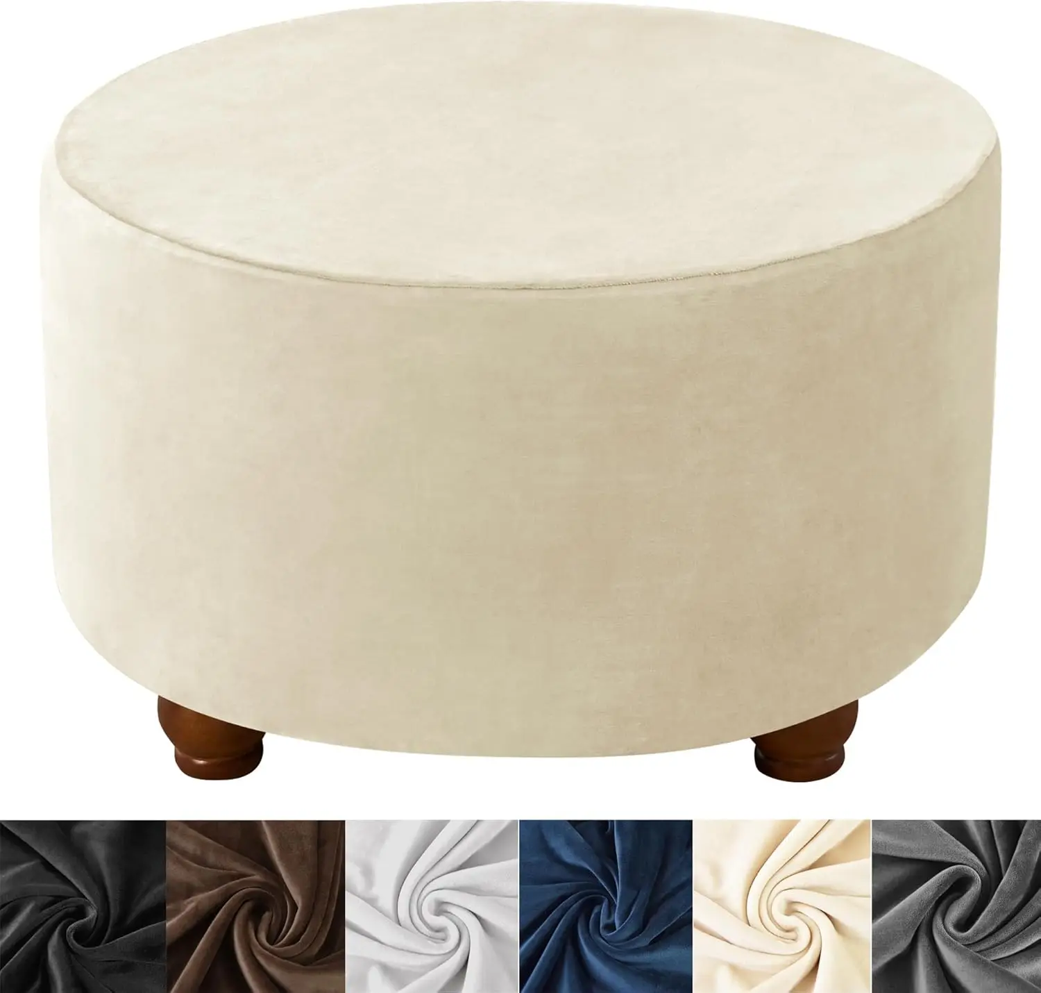 

Ottoman Cover - Velvet Round Ottoman Slipcover, Thick, Washable, Storage, Foot Stool Cover With Elastic Bottom - Beige Medium
