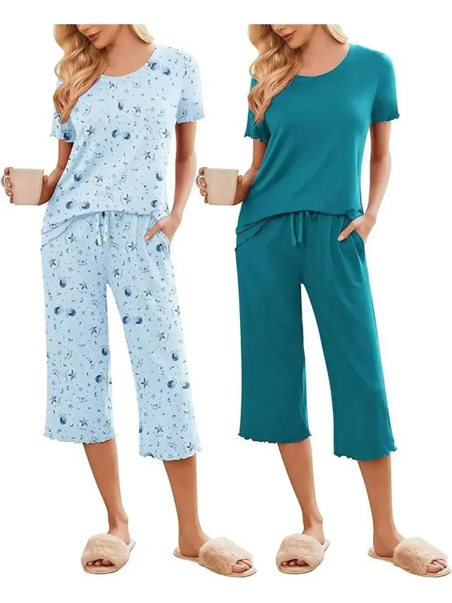 

2 Pack Womens Short Sleeve Pajama Set Capri Pants Sleepwear With Pockets Soft Loungewear