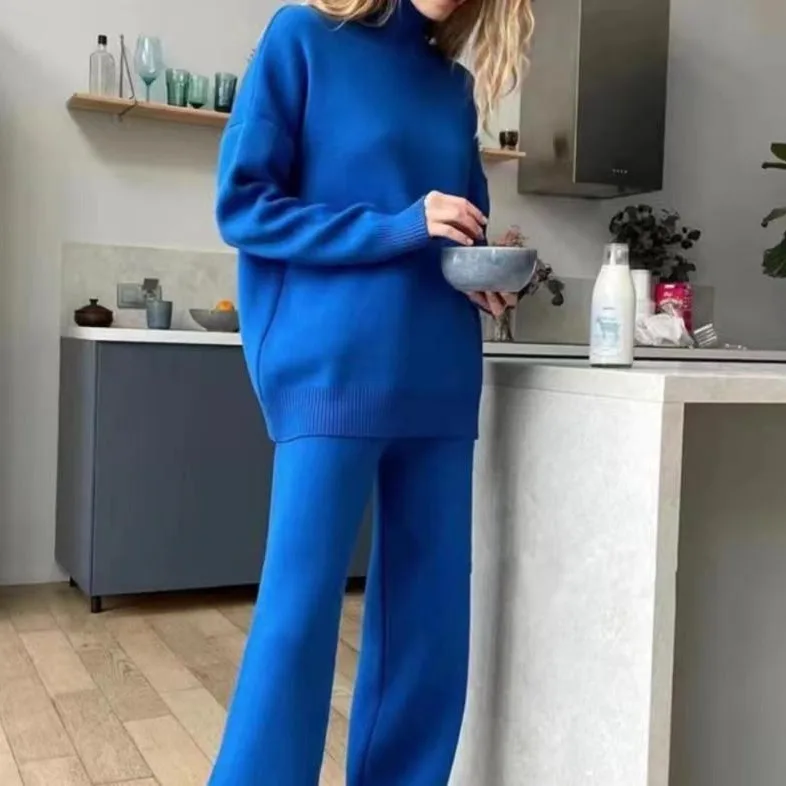 

Fashion Solid Color Knitted Pants Sets Women High Neck Pullover Sweater Trousers Two Piece Set Autumn Winter Casual Outfit Suits