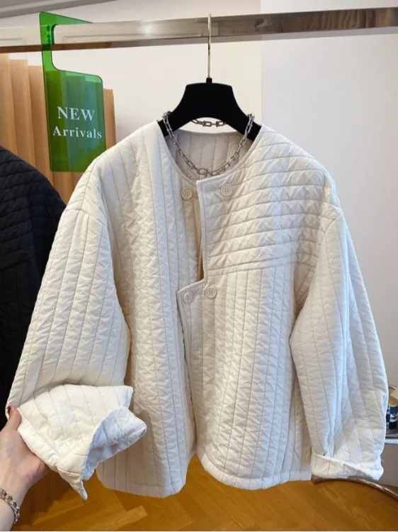 

Korean Sle round Ne Quilted Cotton Jaet Women's Loose Casual Asymmetrical Button Warm Cotton Outerwear Coat