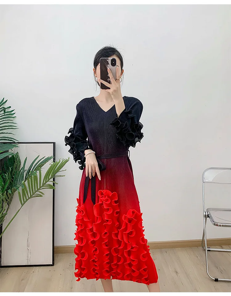 Miyake gaun Midi lipit terbungkus gradien Fashion Vestidos perban longgar renda tinggi kerutan Floral leher V untuk wanita