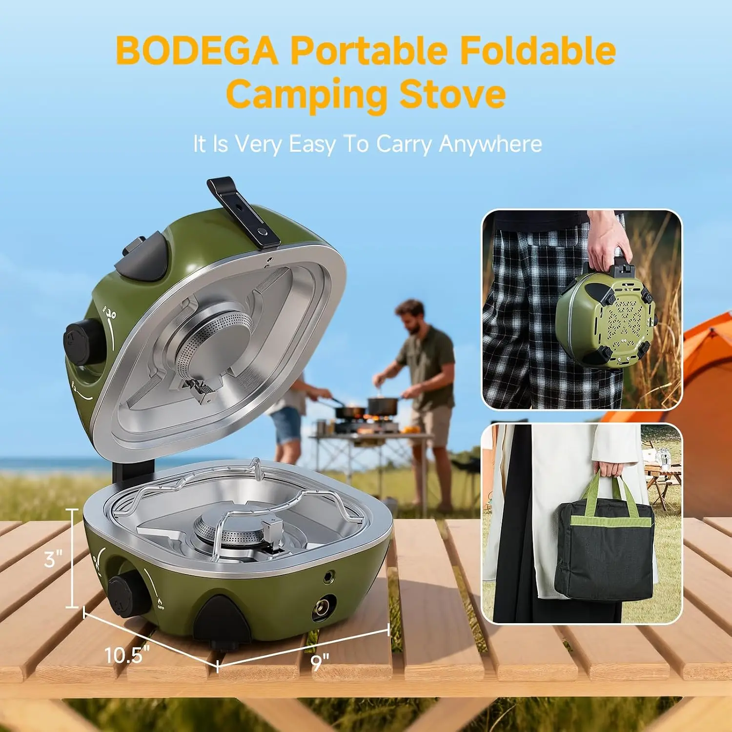 Foldable 2-Burner Propane Camping Stove, 20,000 BTU Dual Gas Cooker with Adjustable-Pressure Burners, Wind-Resistant Design, Portable Handle, Carry Bag & Grill Pan, for RV, BBQ, Tailgating & Camping