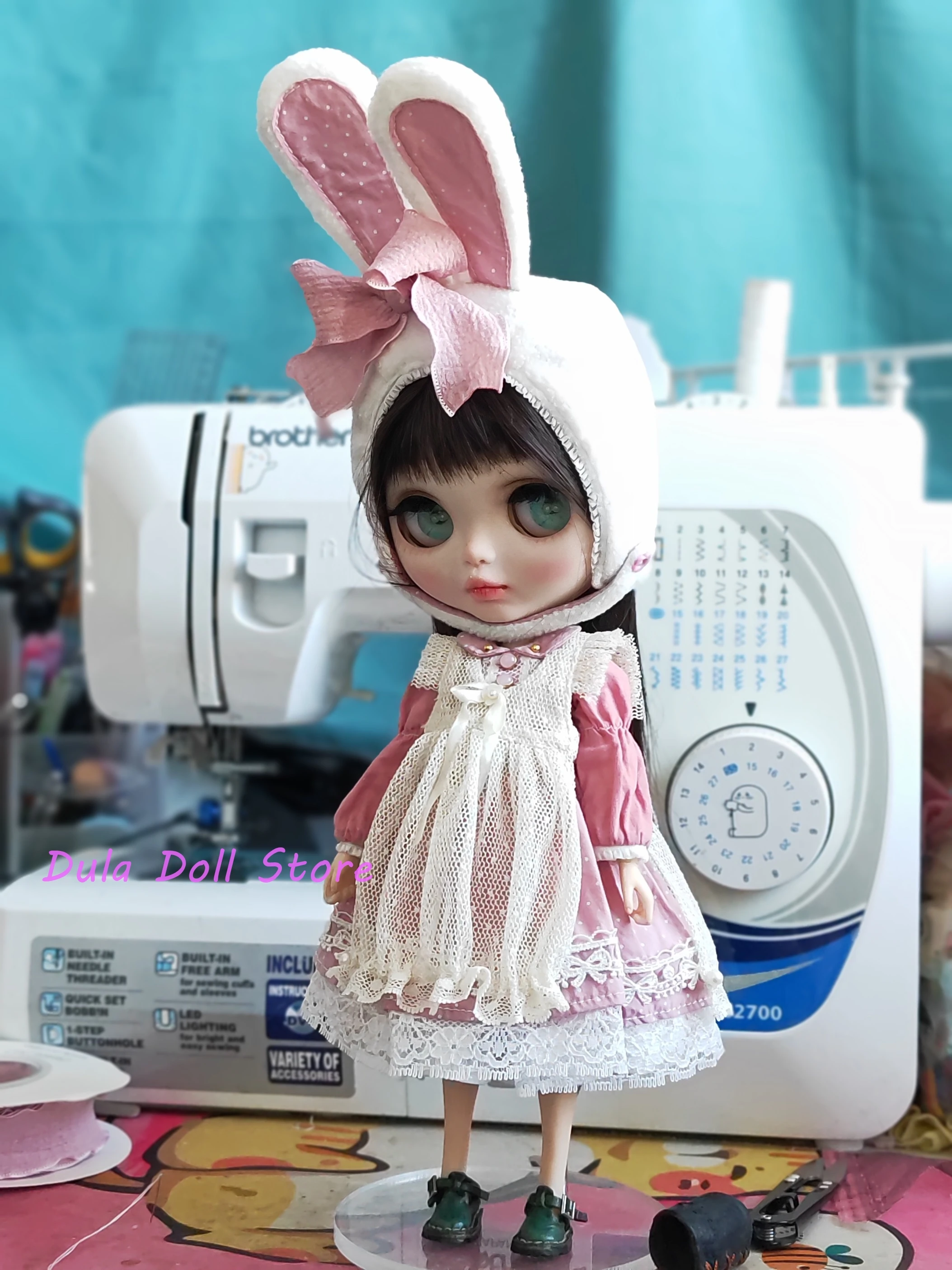 Dula Doll Clothes Dress Pink polka dot bunny ear set Blythe ob24 ob22 Azone Licca ICY JerryB 1/6 Bjd Doll Accessories