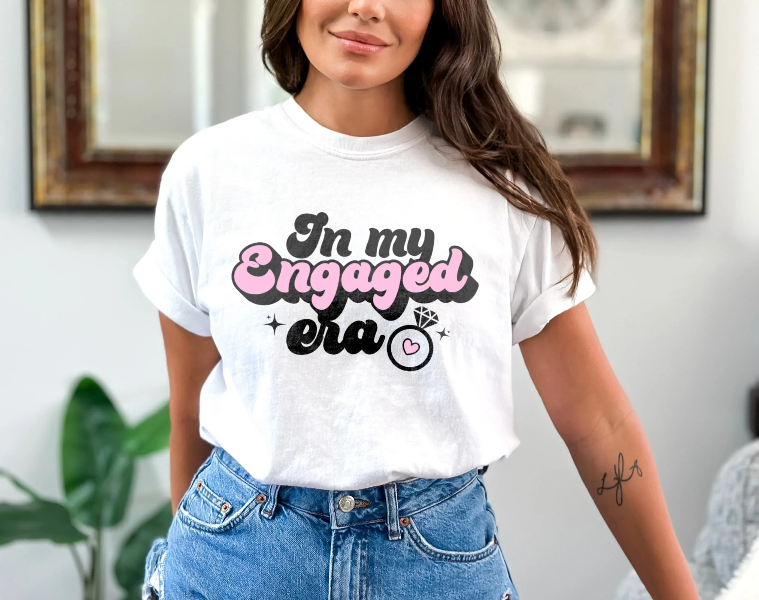 In My Engaged Era T Shirt Retro Fiancee Pink 70s Groovy Future Mrs Diamond Ring Fiance