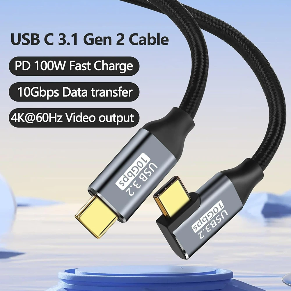 

Right Angle USB3.2 C to C Cable Support 10Gbps Data 4K@60Hz Display Type-C 100W Fast Charging Nylon Braid Cord for Laptop Phone