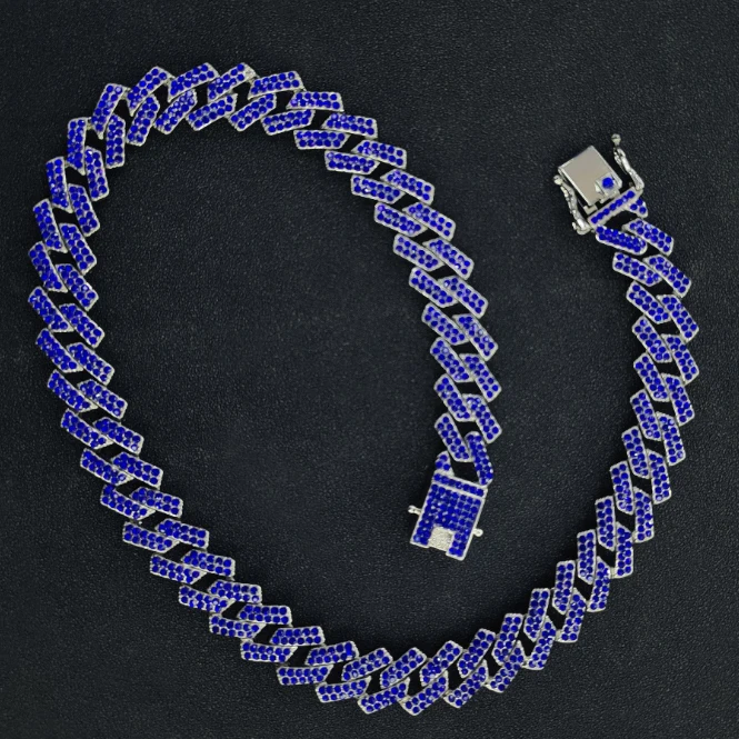 Hip Hop Bling Cuban Link Chain Necklace for Women and Men Blue full crystal Punk Jewelry Gift 15mm Drop shipping