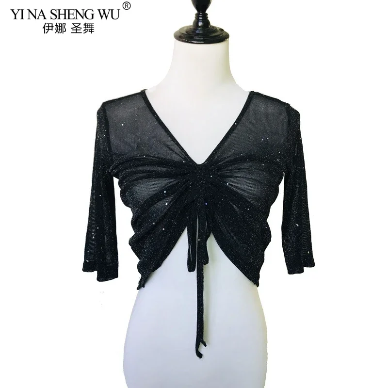 Women Dance Top Belly Dance Costume Half Sleeve Sexy Transparent Silver Mesh Tops&Tees Indian Oriental Dance Tops Practice Wear