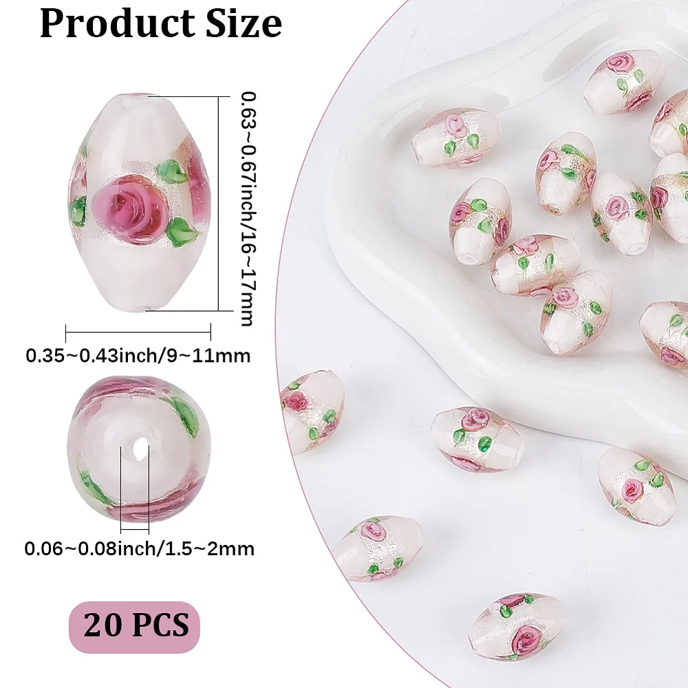 20-pecas-de-contas-de-vidro-artesanais-em-formato-oval-com-flor-rosa-16~17x9~11mm-furo-15~2mm