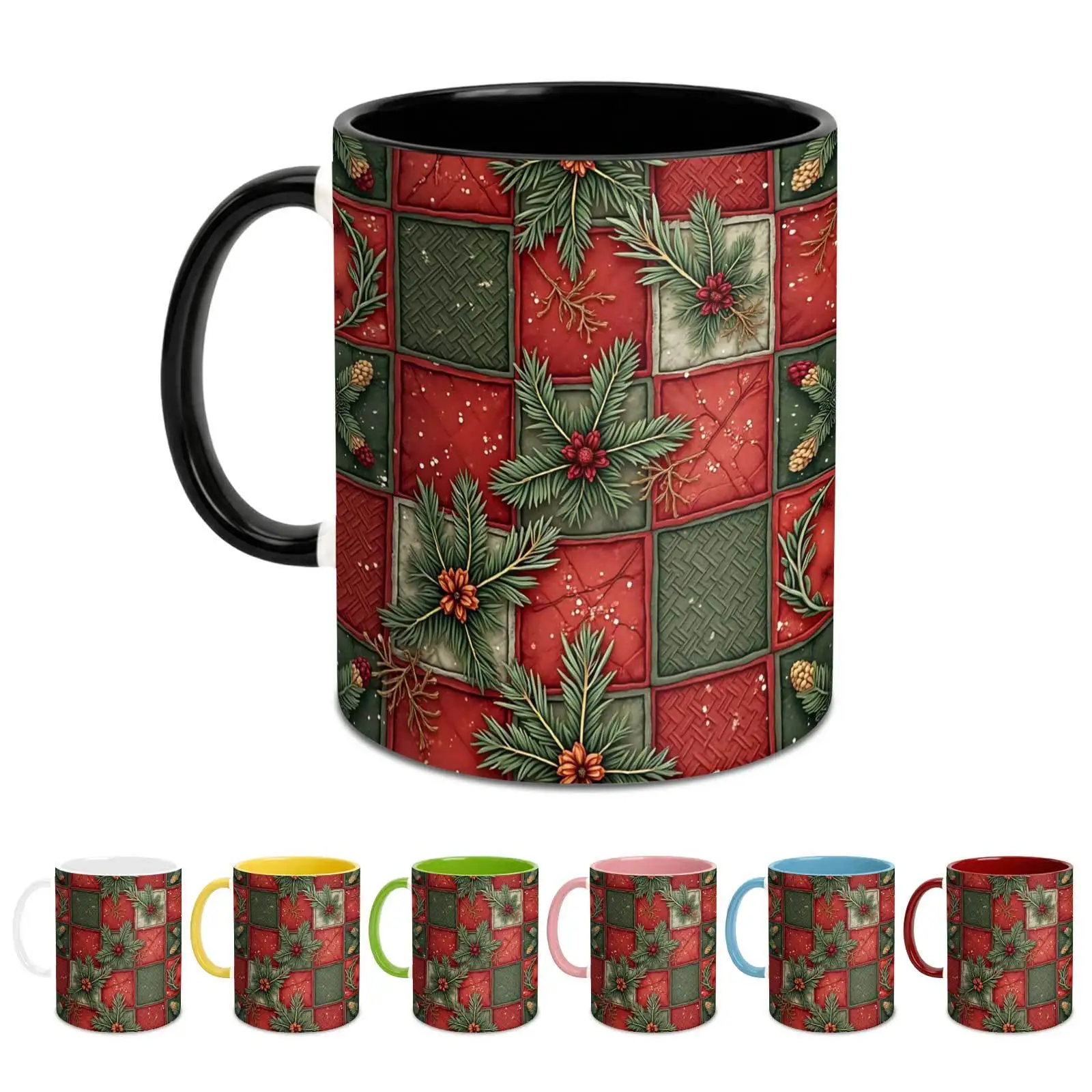1pc Christmas Quilt Patchwork Ceramic Mug with Pine Branch Design - Dishwasher- Tumbler Suitable for Tea, Cocoa, Hot Drinks, Cup for Office & Home Use, Festive Gift for Men & Women, Pine Branch Tumbler
