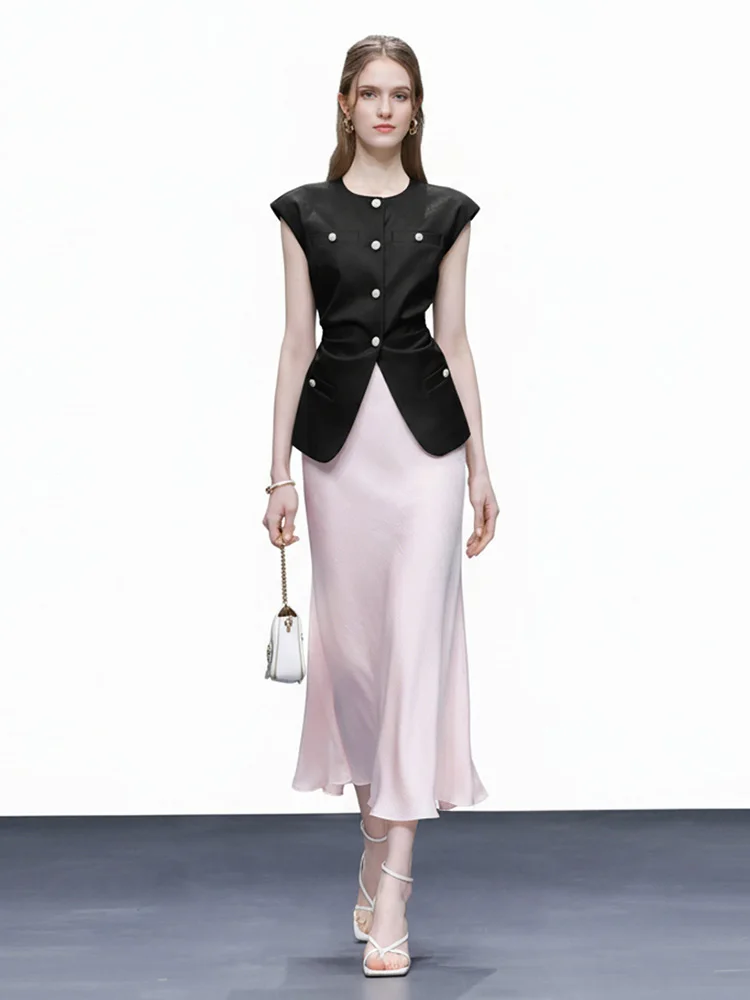 

Летний комплект 2026: женский топ с круглым вырезом, плиссированной юбкой-«рыбий хвост» с завышенной талией и подплечниками, однотонный, модный