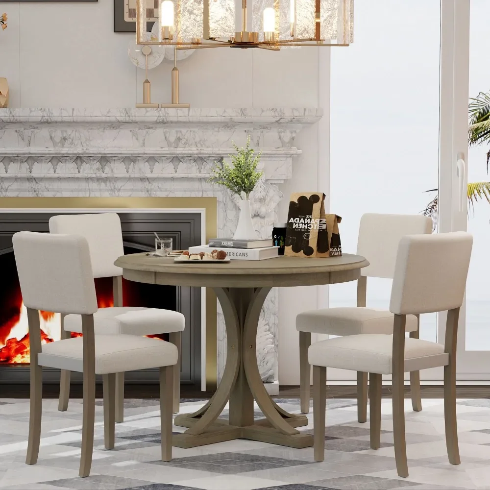 

5-Piece, with Curved Trestle Style Table Legs and 4 Upholstered Chairs for Dining Room (Taupe), Dining Room Sets