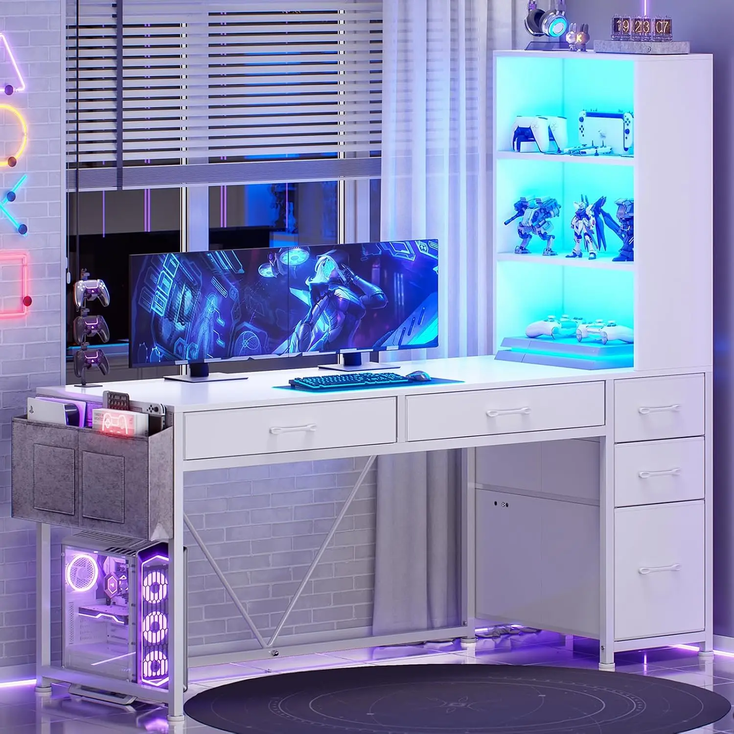 SEDETA 5-Drawer Computer Desk with Bookshelf & Storage Shelves, Reversible Home Office Desk with File Drawer & LED Lights Gaming