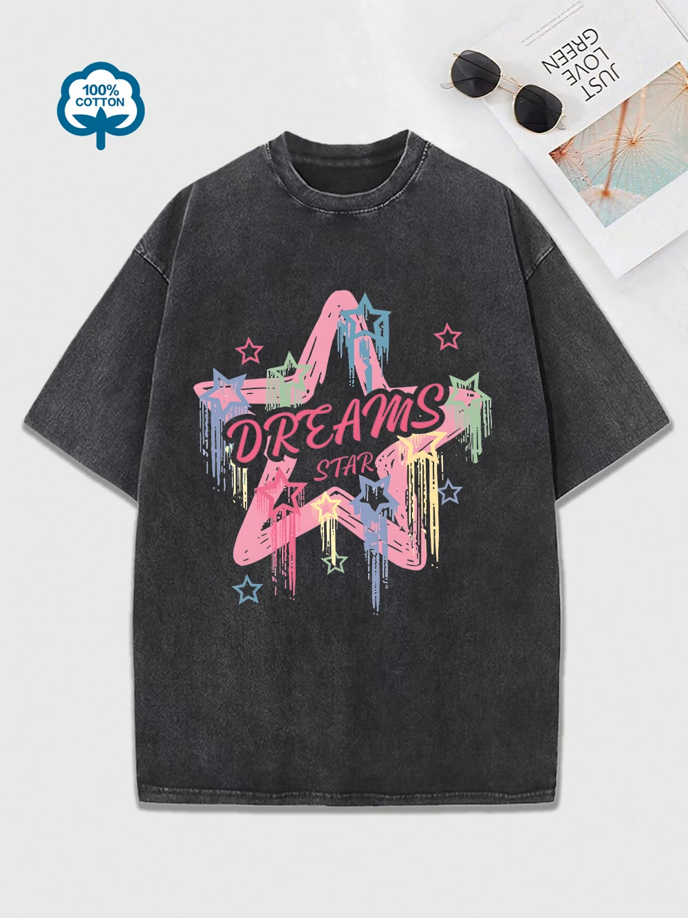 

Dreams Star Printing Washed T-Shirts Women Cotton Oversized Tops Comfortable O-Neck Distressed T Shirt Street Womans Clothes