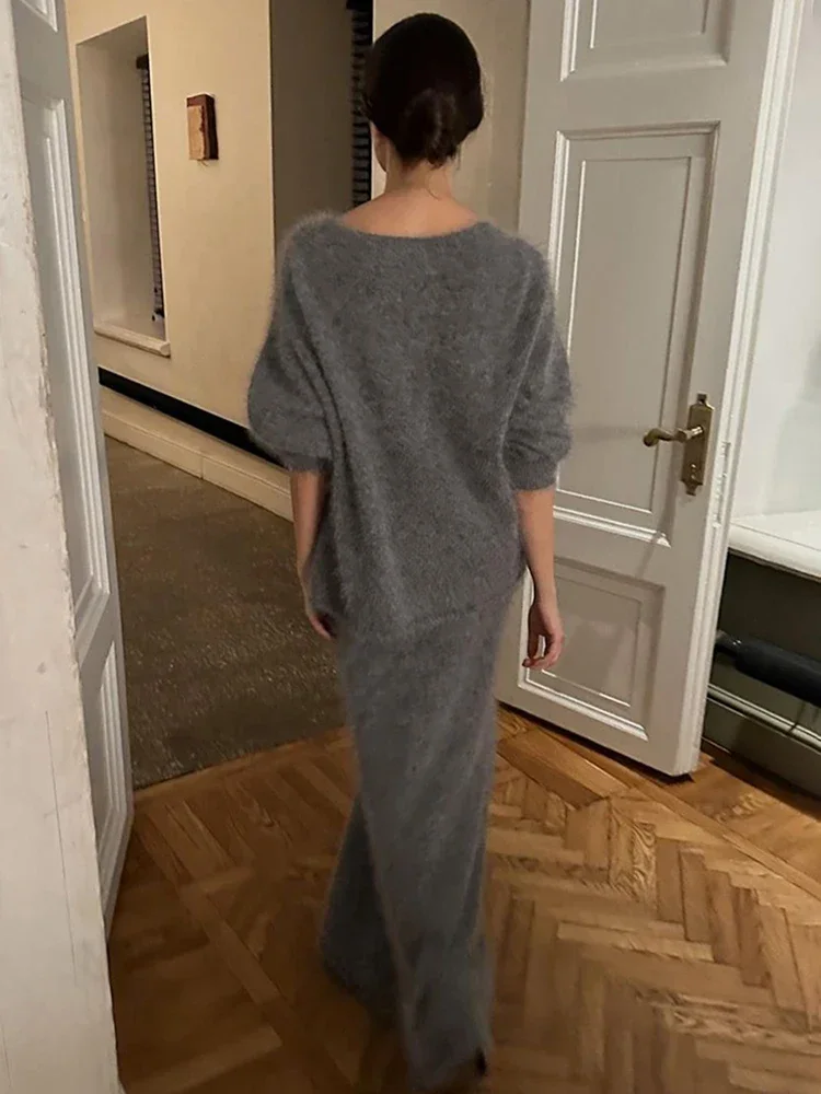 Tossy Imitation Mink Knitted Suit Women\'s 2024 Autumn Winter Lazy V-neck Sweater Fishtail Skirt High Waist Elegant Matching Set