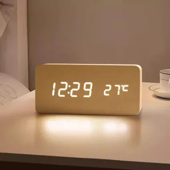 שעון מעץ דיגיטלי עם תאורת LED ושליטה קולית בטמפרטורה, שעון שולחן אלקטרוני עם ספק כוח USB AAA לקישוט הבית