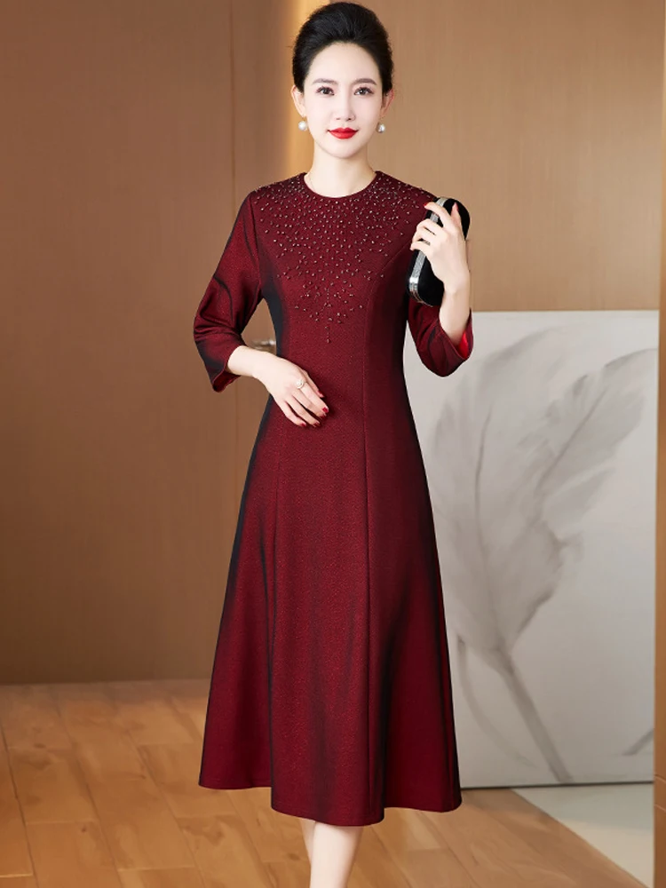 

Элегантное красное вечернее платье средней длины для матери невесты, украшенное жемчугом, с юбкой А-силуэта, для свадебного торжества