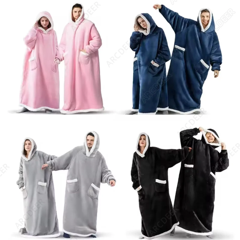 Extra Long Wearable Blankets Winter Flannel Hooded Blanket with Full Sleeves Men Women Cozy Soft Throw Adult TV Blanket