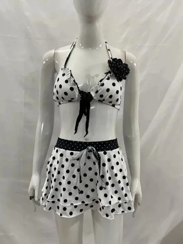 

Fashion Aesthetics Slim Pure Desire Wave Point Korean INS Cute And Sexy Bow Tie Top Half Skirt Three Piece Set Hanging Neck Vest