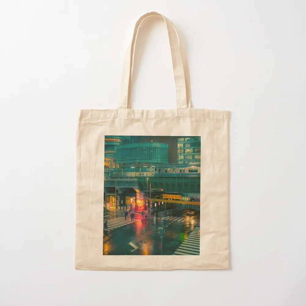 Rainy night in Neo Tokyo Matrix vibe with green and orange light reflection Tote Bag Portable shopping bag