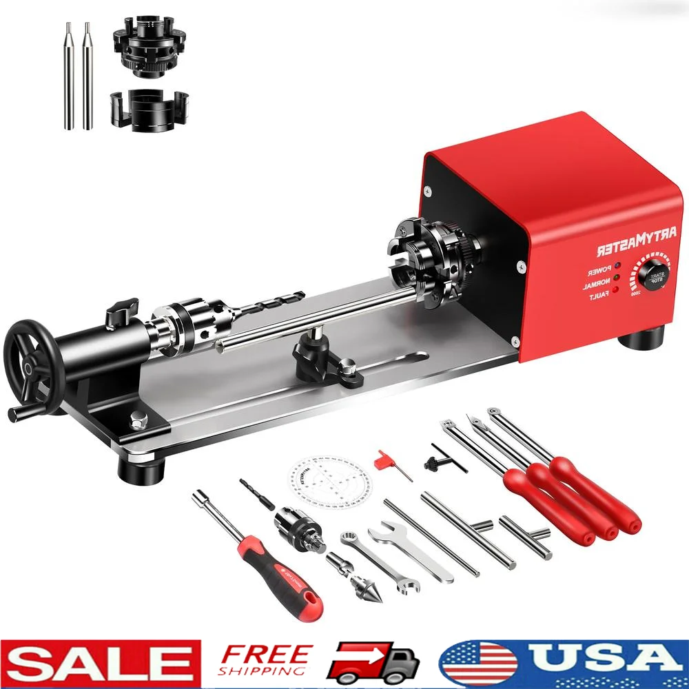 Mini Wood Lathe Machine 96W Power Small Benchtop Lathe Wood Turning Tools Kits Strong Capability Effortless Operation Full Set