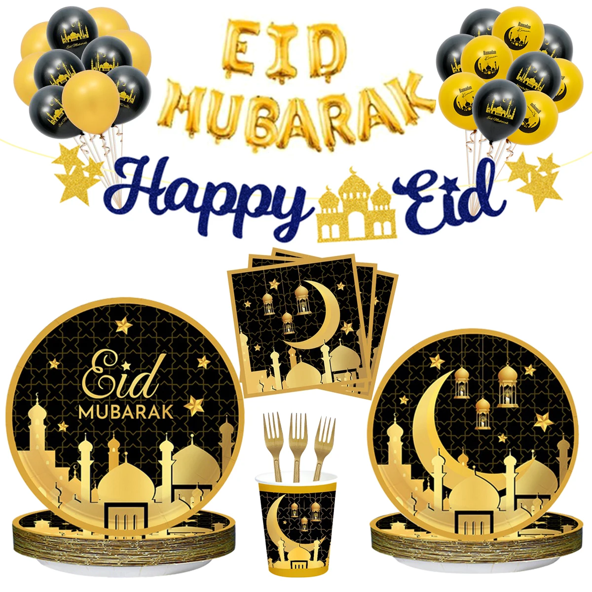 EID Mubarak Decorazione 2025 Stoviglie Usa E Getta Piatto di Carta Scatola Banner Ramadan Per La Casa Musulmano Islamico Ramadan Kareem Eid Party