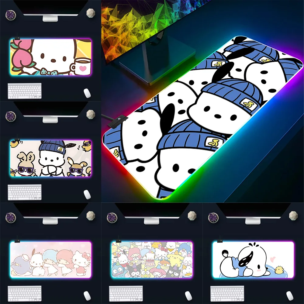 RGB Cute Pochaccos Pc Gamer Keyboard Mouse Pad Mousepad LED Glowing Mouse Mats Rubber Gaming Computer Mausepad