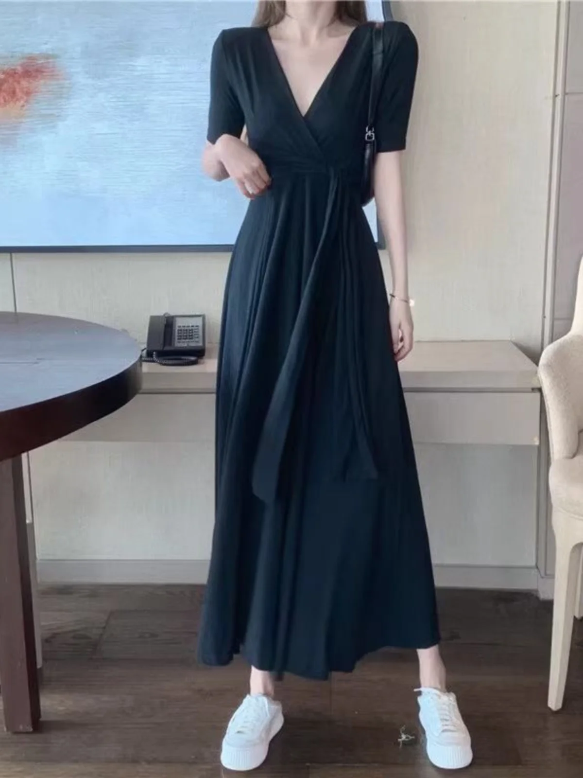 Ele coupe basse v-ne Midi Dr été coréen Sle ample a-ligne ort Sve t-shirt Dr Modal coton taille haute jupe longue