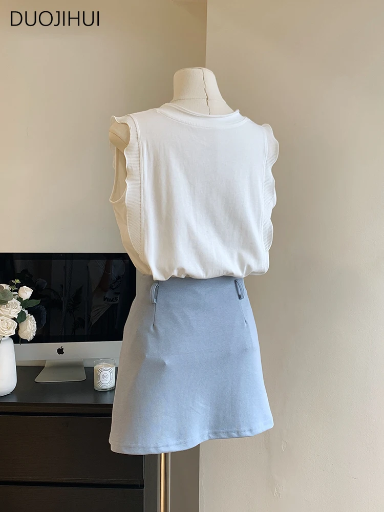 DUOJIHUI Summer Two Piece Slim Waist Simple Female Skirts New Solid Color V-neck Vest Classic Irregular Chic A-line Women Skirts