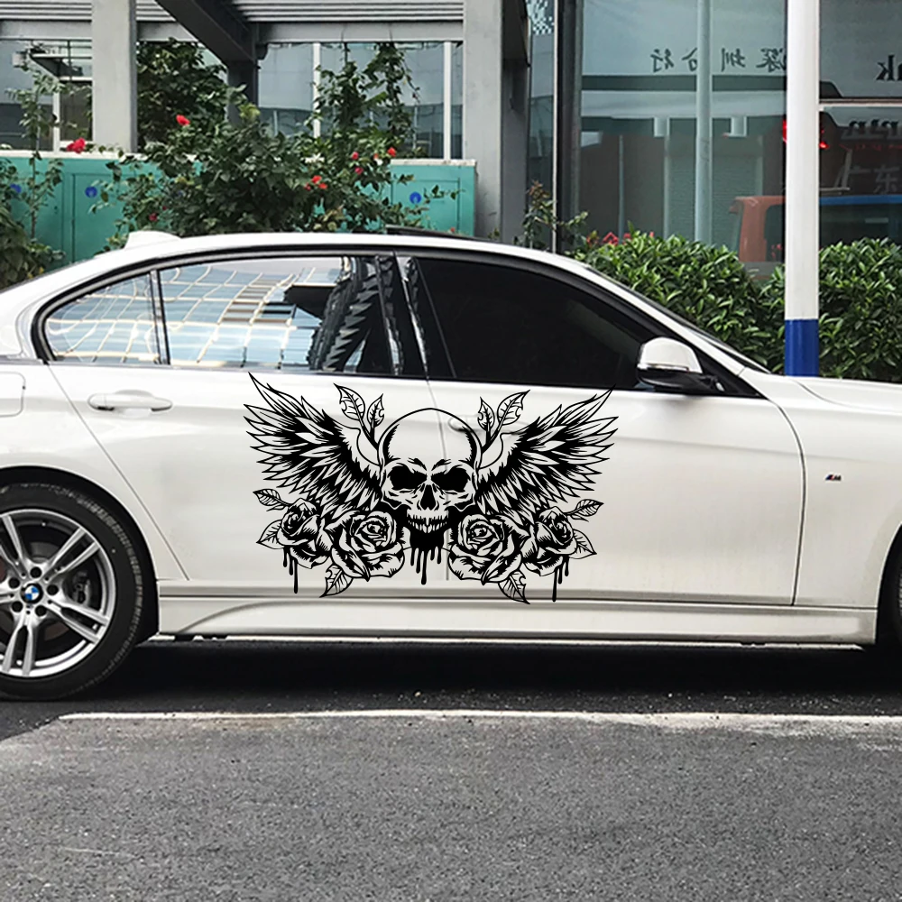 Skull with Wings Flower Car Sticker Decal Roses Hood Body Door Windows Auto Vehicle Vinyl JDM Decor
