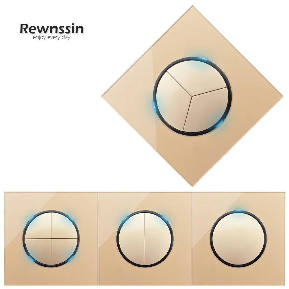 

Переключатель 16А Стандартный круглый точечный переключатель сброса со светодиодным индикатором Настенный выключатель 1 2 3 4Gang Рамка из золотого стекла